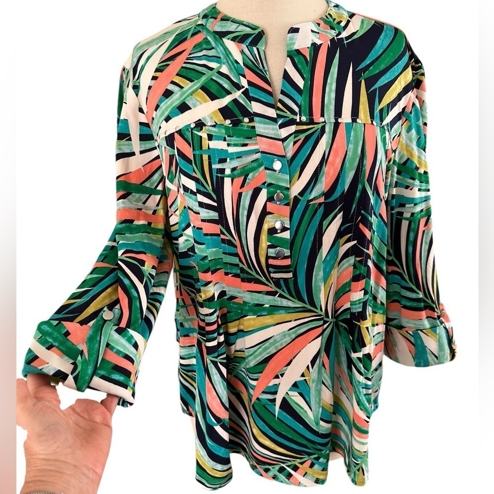 COCOMO XL Green Multicolored 3/4 sleeve Studded women’s Pintuck Blouse t… - Picture 4 of 12